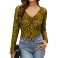 thumbnail image 1 of SwiftWear Women's Long Sleeve Floral Lace Sheer Mesh Slim Fit V-Neck Blouse Elegant Layering Piece Undershirt​ Going Out Tops, Yellow, 1 of 9