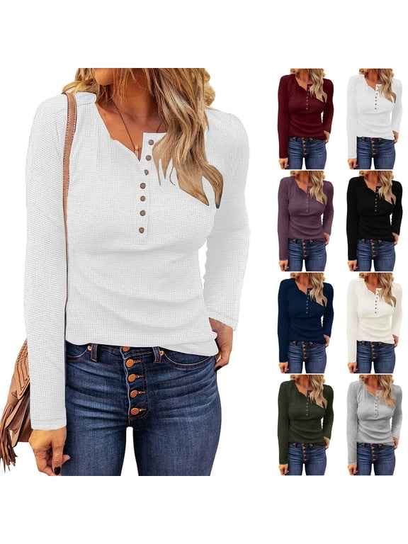 Women's Long Sleeve Henley Shirts Waffle Knit V Neck Button Down Casual Business Casual Slim Fit Ribbed Tops