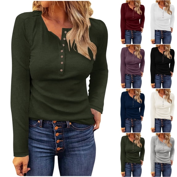 SwiftWear Women's Long Sleeve Henley Shirts Waffle Knit V Neck Button Down Casual Business Casual Slim Fit Ribbed Tops