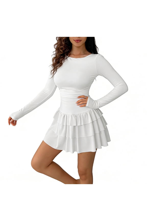 Women's Long Sleeve Ruched Corset Mini Dress, Ruffle Layered Hem Short Dress for Casual Outings Date Night & Party Wear, White