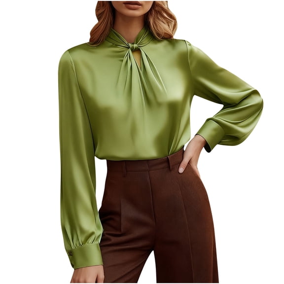 SwiftWear Women's Long Sleeve Satin BlouseTwisted Knot Mock Neck Work Silk Shirts Dressy Trendy Tops for Business Casual Office​​ Green