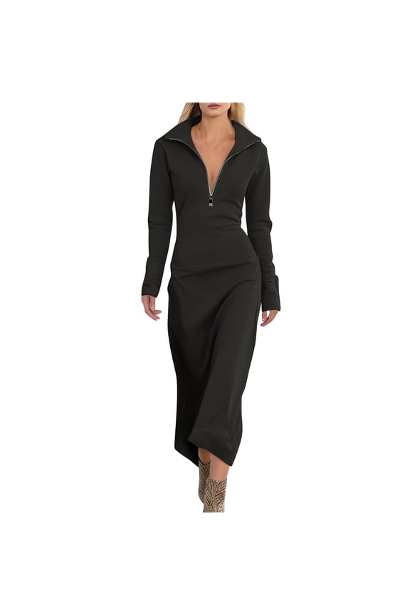 Women's Long Sleeve Zip Mock Collar Casual Elegant Maxi Dresses Versatile Stretchy Work Dresses for Office Date Night & Daily Wear, Black