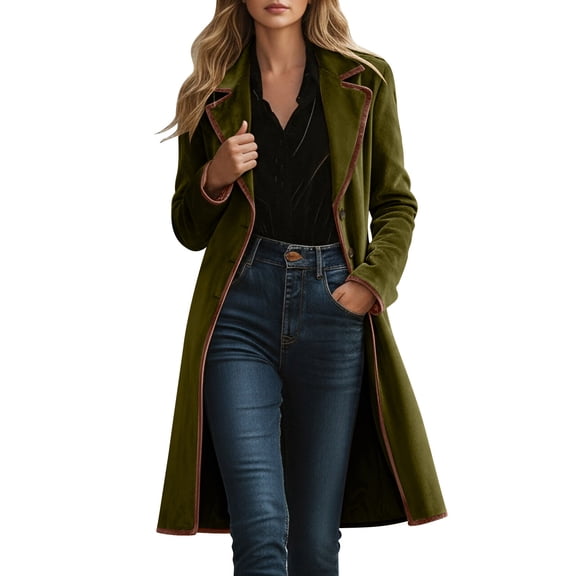 SwiftWear Women's Long Velvet Coat Contrast Notch Lapel Retro Jacket Button Front Closure with Pockets, Vintage Style Outerwear Overcoat