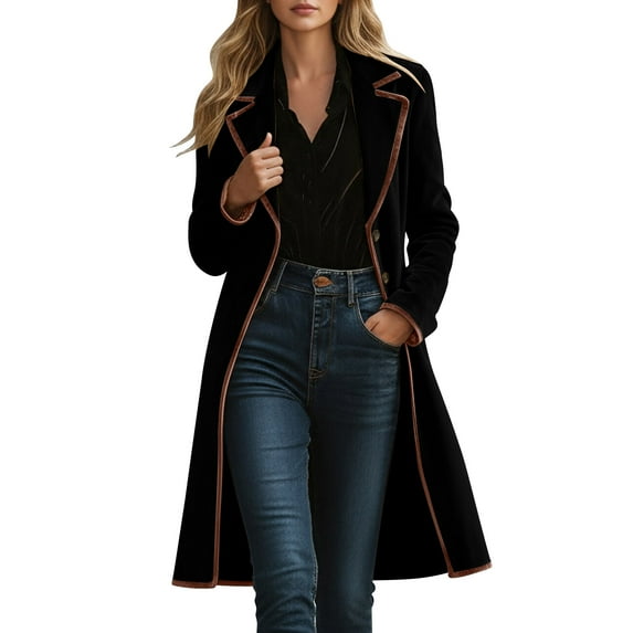 SwiftWear Women's Long Velvet Coat Contrast Notch Lapel Retro Jacket Button Front Closure with Pockets, Vintage Style Outerwear Overcoat