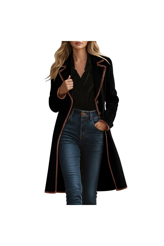 Women's Long Velvet Coat Contrast Notch Lapel Retro Jacket Button Front Closure with Pockets, Vintage Style Outerwear Overcoat