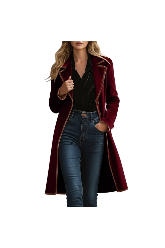 Women's Long Velvet Coat Contrast Notch Lapel Retro Jacket Button Front Closure with Pockets, Vintage Style Outerwear Overcoat