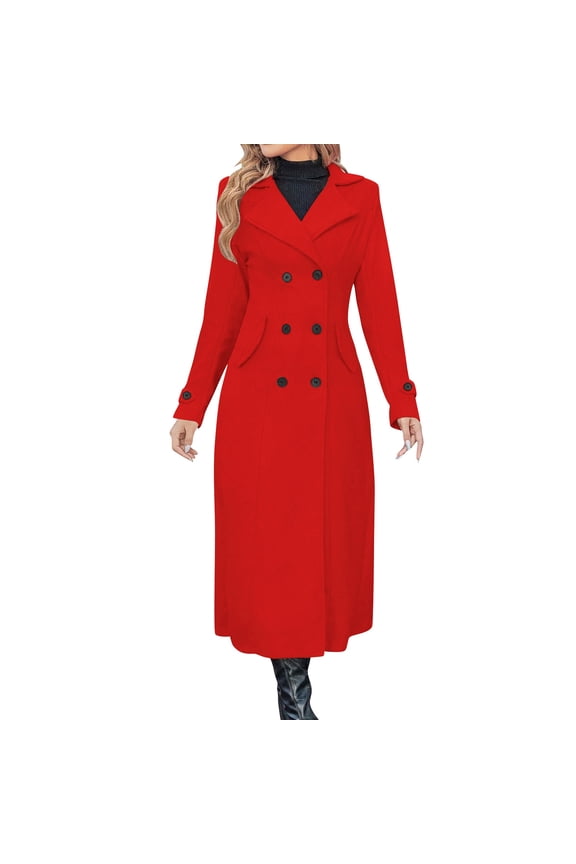 Women's Long Winter Trench Coat Elegant Notch Lapel Double Breasted Classic Overcoat Warm Thick Jacket with Pocket