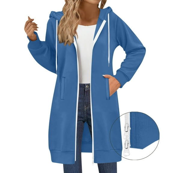 SwiftWear Women's Long Zip Up Hoodies Two-Way Zipper Soft Loose Fit Hooded Sweatshirt with Front Pockets, Casual Comfort Wear Coat Blue