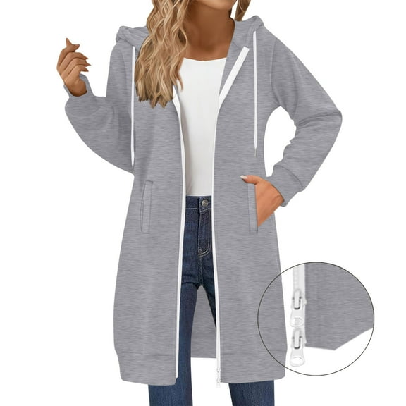 SwiftWear Women's Long Zip Up Hoodies Two-Way Zipper Soft Loose Fit Hooded Sweatshirt with Front Pockets, Casual Comfort Wear Coat Gray