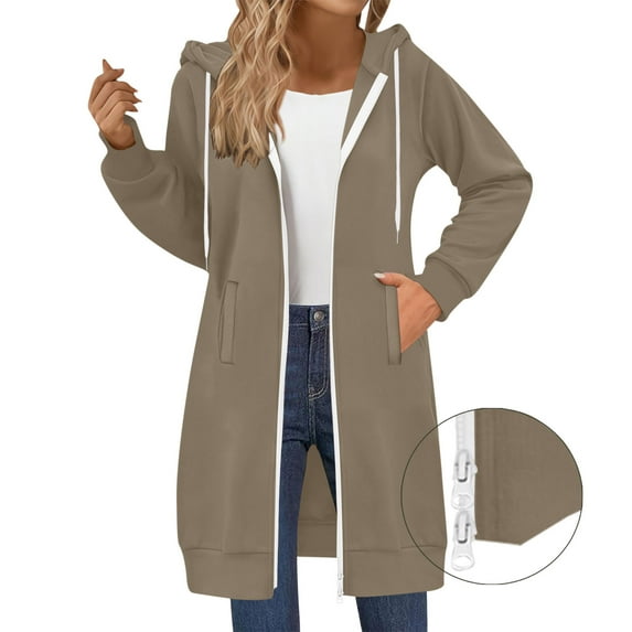 SwiftWear Women's Long Zip Up Hoodies Two-Way Zipper Soft Loose Fit Hooded Sweatshirt with Front Pockets, Casual Comfort Wear Coat Khaki