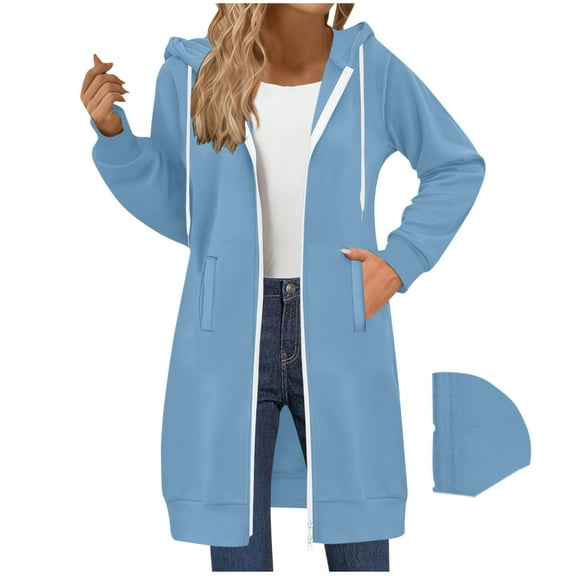 SwiftWear Women's Long Zip Up Hoodies Two-Way Zipper Soft Loose Fit Hooded Sweatshirt with Front Pockets, Casual Comfort Wear Coat Light Blue