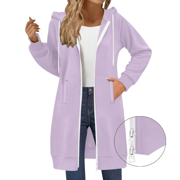 SwiftWear Women's Long Zip Up Hoodies Two-Way Zipper Soft Loose Fit Hooded Sweatshirt with Front Pockets, Casual Comfort Wear Coat Light Purple