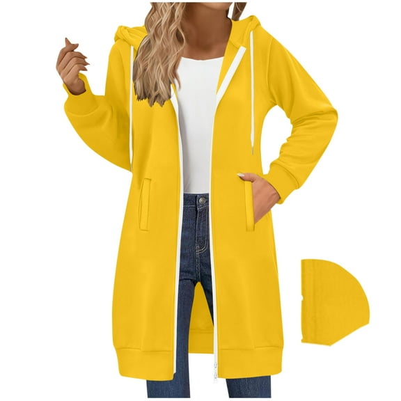 SwiftWear Women's Long Zip Up Hoodies Two-Way Zipper Soft Loose Fit Hooded Sweatshirt with Front Pockets, Casual Comfort Wear Coat Yellow