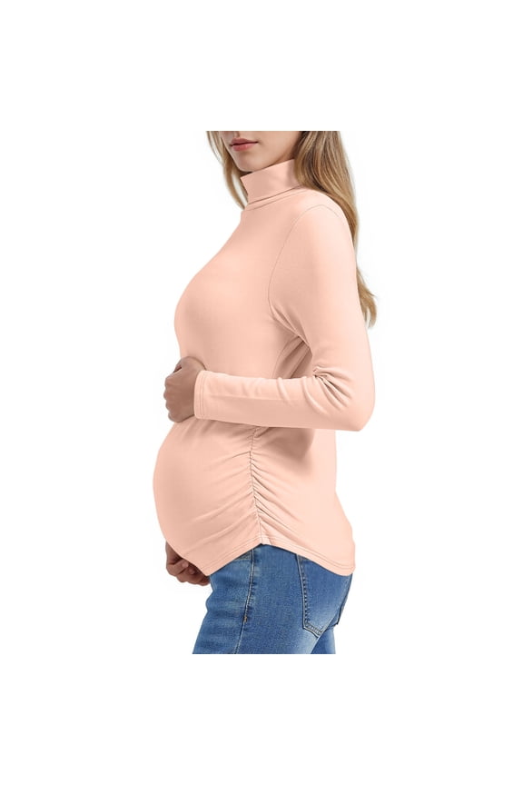 Women's Maternity Shirts Turtleneck Long Sleeve Pregnancy Tops Casual Side Ruched Base Layer Tees Mama Clothes Soft Pregnancy Thermal Underwear, Pink