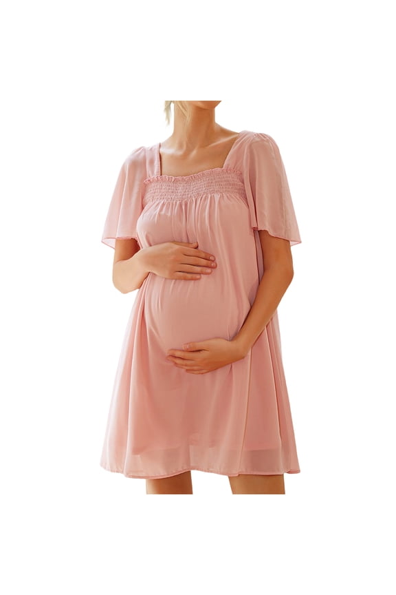 Women's Maternity Square Neck Sheer Chiffon Dress, Loose Fit Short Sleeve Pregnancy Elegant & Comfortable Casual Short Dresses for Photoshoot, Pink