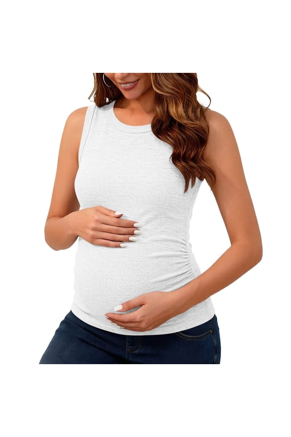 Women's Maternity Tank Top Summer Crew Neck Ribbed Knit Slim Fit Side Ruched Pregnancy Shirt for Casual Daily Outer Inner Wear