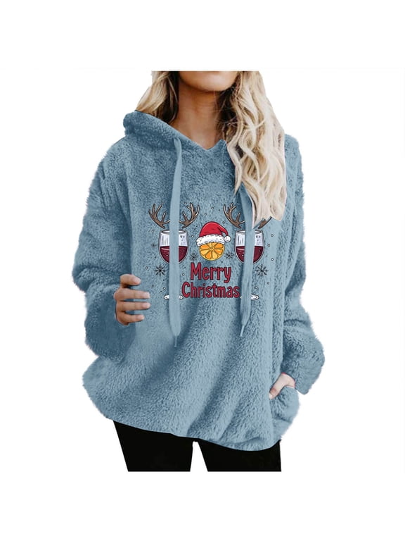 Women's Merry Christmas Print Fleece Lined Hoodie - Double-Sided Plush Pullover with Drawstring Hood, Festive Holiday Plus Size Tops Blue