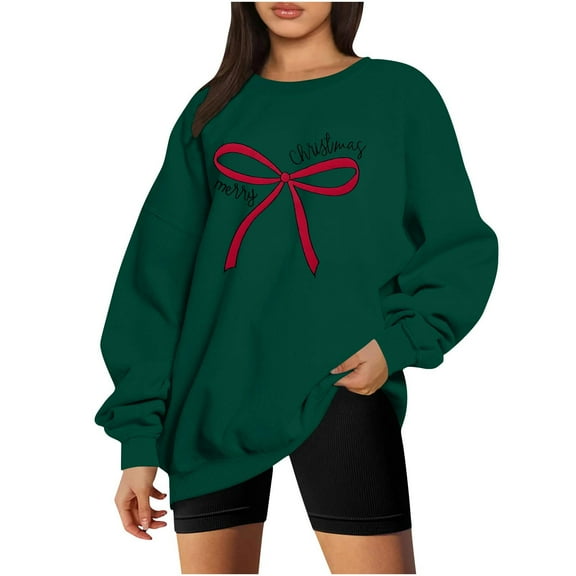 SwiftWear Women's Merry Christmas Red Bow Sweatshirt - Festive Crewneck Holiday Top Soft Long Sleeve Casual Wear for Seasonal Celebrations Green