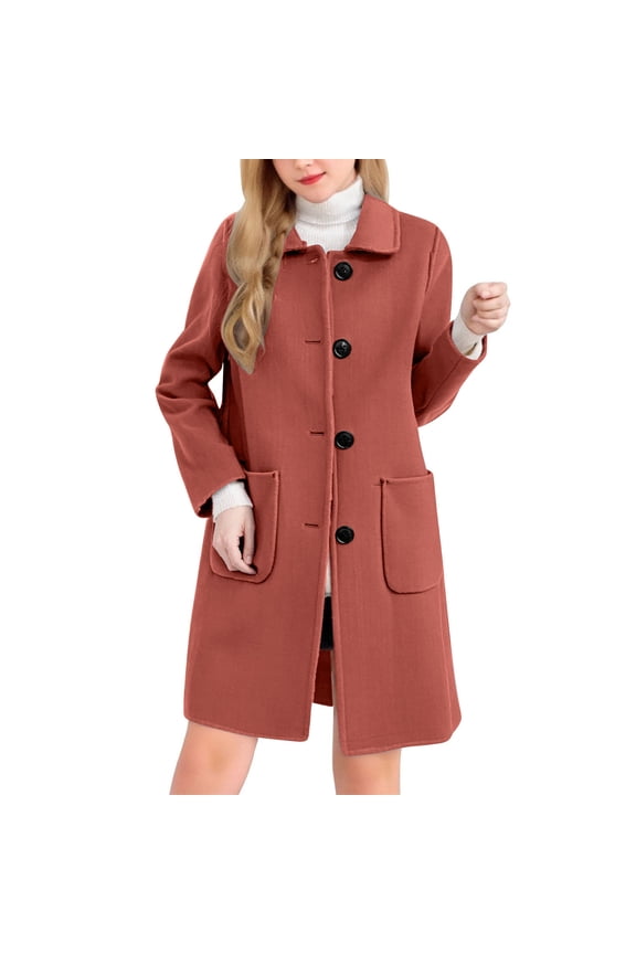 Women's Mid Length Single-Breasted Coat Causal Overcoat with Pockets, Warm Outerwear for Fall and Winter