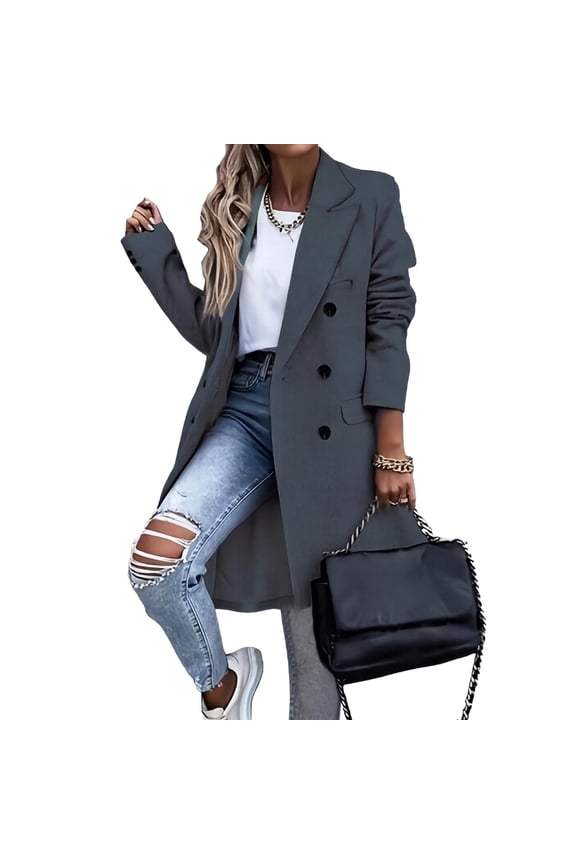 Women's Mid Long Double-Breasted Trench Coat Notch Lapel Structured Peacoat with Pockets, Classic Outerwear for Fall and Winter