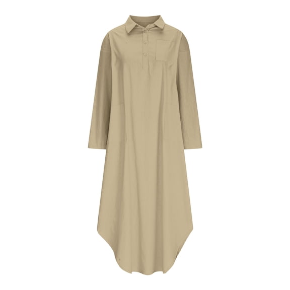 SwiftWear Women's Minimalist Solid Long Sleeve Dress Cotton-Linen Longline Dress with Pocket M-2XL for Casual Wear​