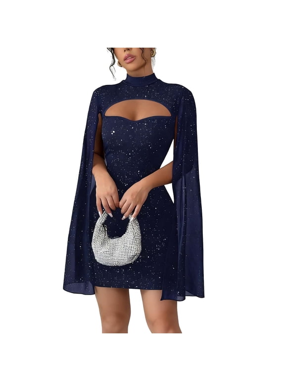 Women's Mock Neck Chiffon Cloak Sleeve Knit Sparkly Mini Dress Elegant Shift Glitter Bodycon Dress Going Out Cocktail & Party Dresses, Navy