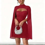 SwiftWear Women's Mock Neck Chiffon Cloak Sleeve Knit Sparkly Mini Dress Elegant Shift Glitter Bodycon Dress Going Out Cocktail & Party Dresses, Red