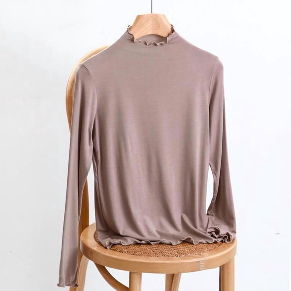 SwiftWear Women's Mock Neck Ruffle Slim Fit Long Sleeve Shirt Delicate Base Layer Casual Soft Cozy Wear Top ​, Coffee