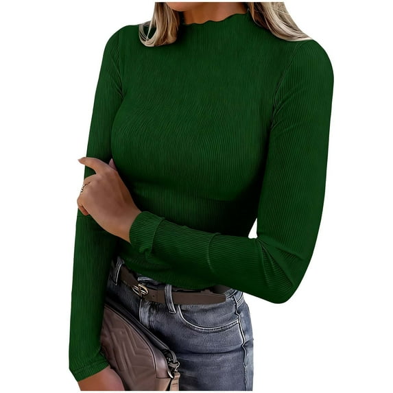 SwiftWear Women's Mock Neck Turtleneck Tops Ribbed Knit Ruffle Detail Long Sleeve Shirt Slim Fit Stretchable Base Layer Casual Tee, Army Green
