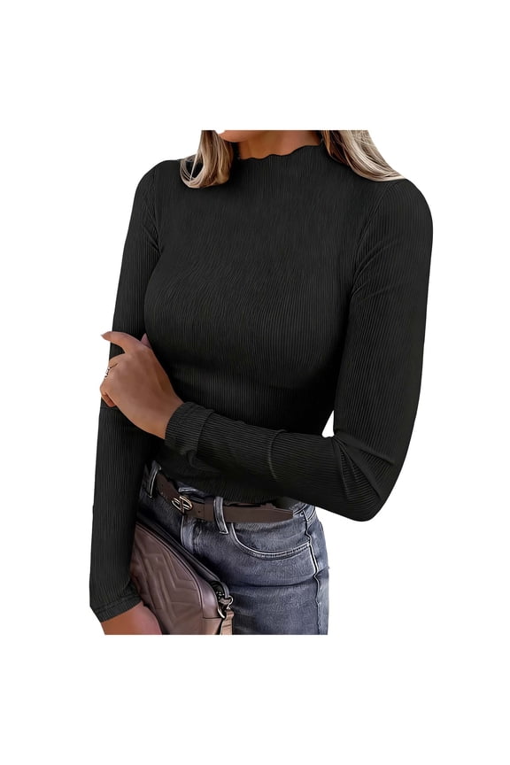 Women's Mock Neck Turtleneck Tops Ribbed Knit Ruffle Detail Long Sleeve Shirt Slim Fit Stretchable Base Layer Casual Tee, Black