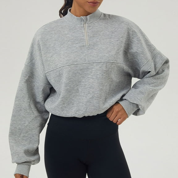 SwiftWear Women's Mock Neck Zip-Front Cropped Sweatshirt Oversized Pullover Tops with Long Sleeves, Soft Stretch Fabric for Seasonal Layering Gray