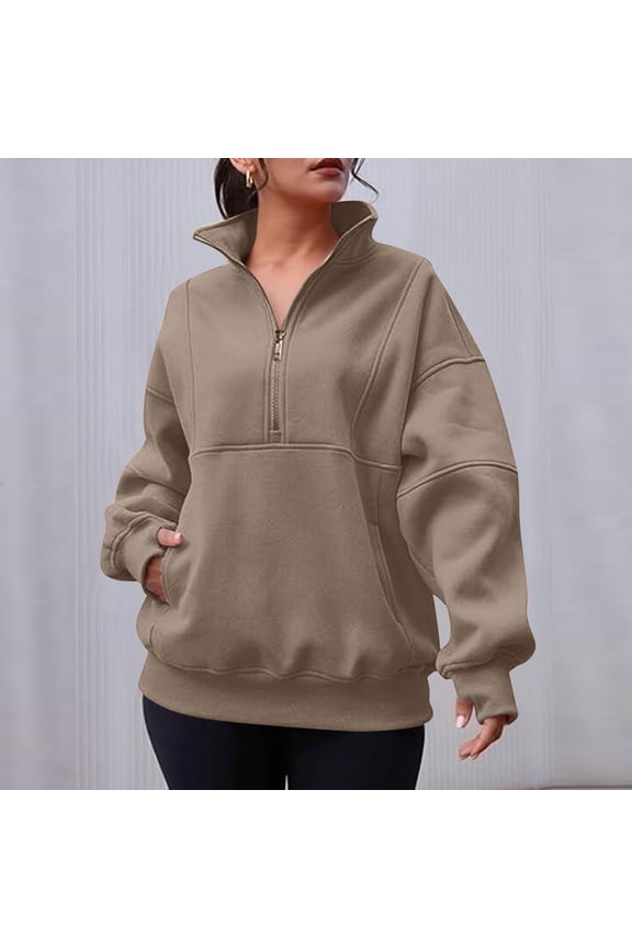 Women's Mock Neck Zip Up Sweatshirt Oversized Side Pocket Pullover Minimalist Casual Top with Ribbed Hem Brown