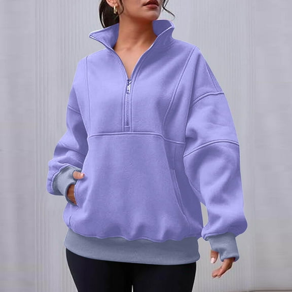 SwiftWear Women's Mock Neck Zip Up Sweatshirt Oversized Side Pocket Pullover Minimalist Casual Top with Ribbed Hem Purple