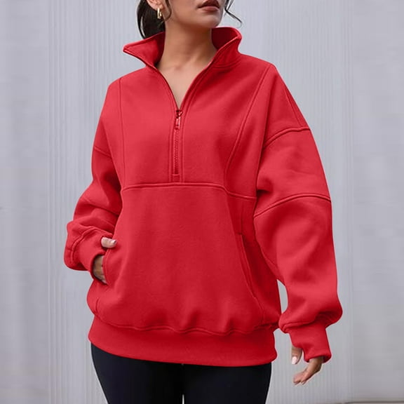 SwiftWear Women's Mock Neck Zip Up Sweatshirt Oversized Side Pocket Pullover Minimalist Casual Top with Ribbed Hem Red