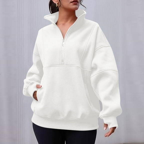 SwiftWear Women's Mock Neck Zip Up Sweatshirt Oversized Side Pocket Pullover Minimalist Casual Top with Ribbed Hem White