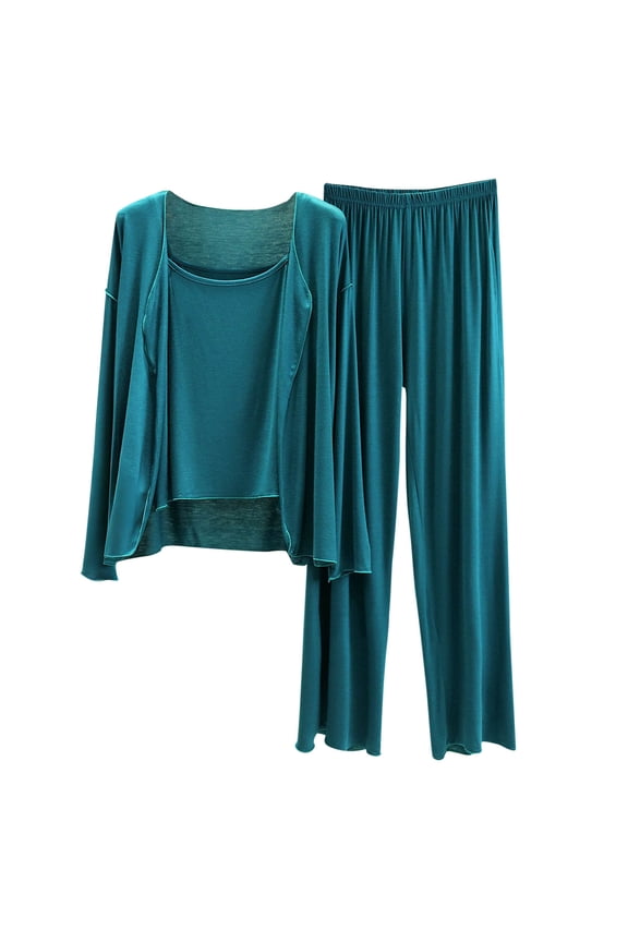 Women's Modal Pajama Set 3-Piece Sleepwear Lounge Set Comfy Crew Neck Long Sleeve Top with Cami & Pants, Soft Loose Fit Pajamas, Green