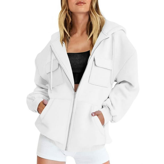 SwiftWear Women's Multi-Pocket Zip up Hoodie- Casual Oversize Outerwear with Long Sleeves, Street Style Comfort Hooded Jacket White