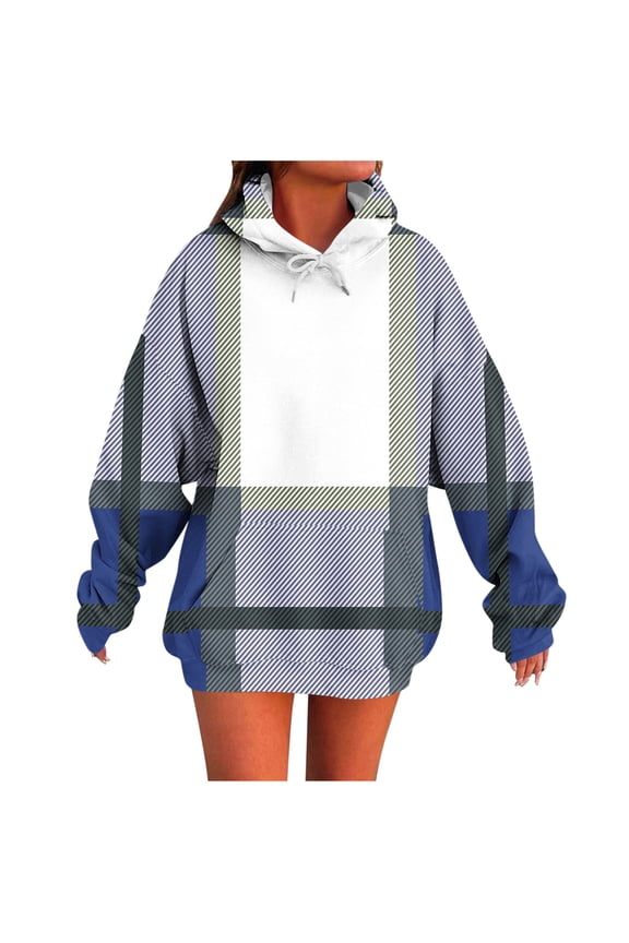 Women's Multi-Tone Plaid Print Long Hoodie - Color-Blocked Pullover with Pocket, Drop Shoulder Casual Streetwear Blue