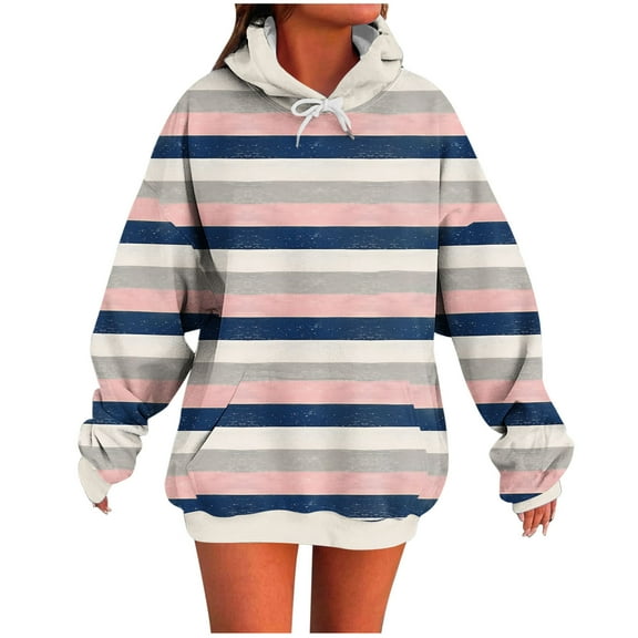 SwiftWear Women's Multicolor Stripe Print Long Hoodie - Color Block Pullover Casual Tops with Pocket, Drop Shoulder Lounge wear Purple