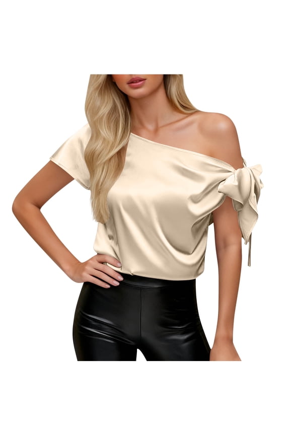 Women's Off Shoulder Silk Blouse with Bow Sleeve, Elegant Asymmetric Neck Short Sleeve Casual Dressy Top Trendy for Date Party Khaki