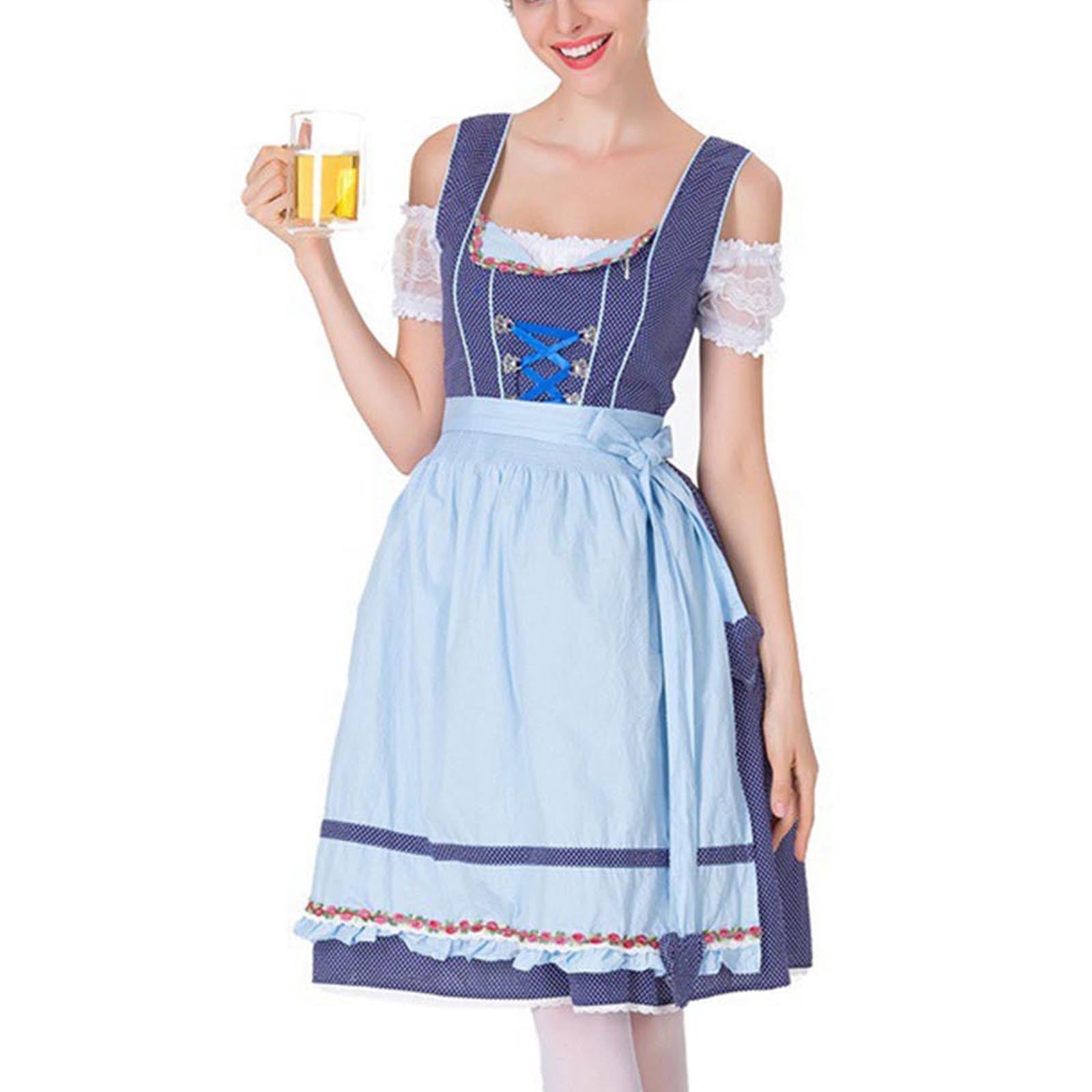 Swiftwear Women's Oktoberfest Beer Maid Dirndl Dress - S-3xl Floral Embroidered Apron Dress with Lace Sleeve & Adjustable Corset, Blue