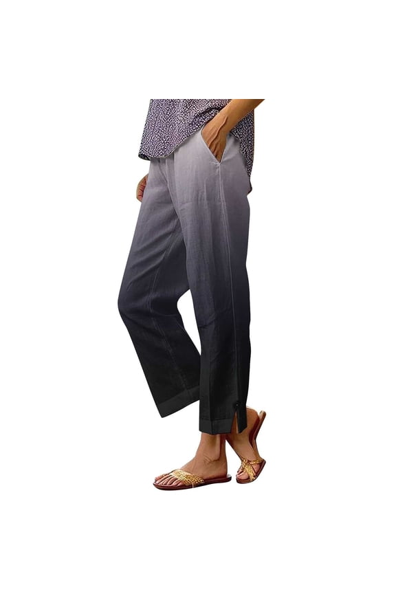 Women's ​Ombre Linen-Look Straight Leg Pants with Side Slit, Elastic Waist Bohemian Trousers Comfortable Lounge Wear S-2XL