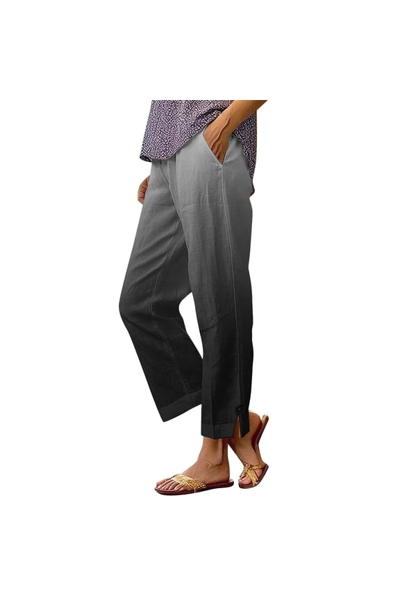Women's ​Ombre Linen-Look Straight Leg Pants with Side Slit, Elastic Waist Bohemian Trousers Comfortable Lounge Wear S-2XL