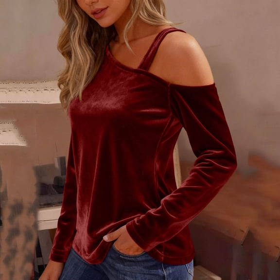 SwiftWear Women's One Shoulder Velvet Blouse Long Sleeve Loose Casual Top Holiday Party Wear for Date Night & Special Occasions Wine