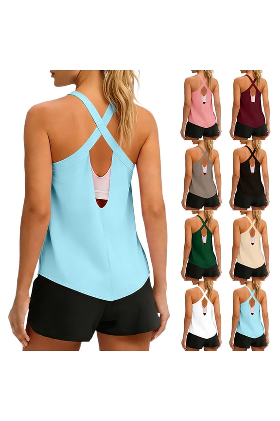 Women's Open Back Workout Tank Top Cross Back Strap Active Yoga Running Gym Sleeveless Shirt (No Built - in Bra)