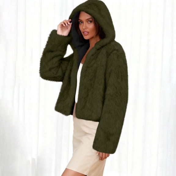 SwiftWear Women's Oversized Faux Fur Jacket Fashion Casual Fluffy Plush Hooded Coat Open Front Cardigan Warm Outerwear, Army Green