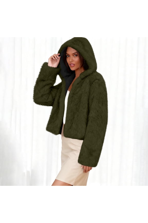 Women's Oversized Faux Fur Jacket Fashion Casual Fluffy Plush Hooded Coat Open Front Cardigan Warm Outerwear, Army Green