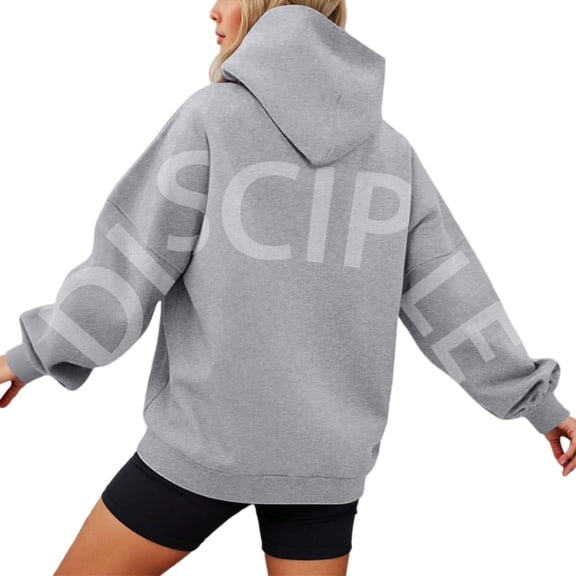 SwiftWear Women's Oversized Pullover Hooded Sweatshirt with Back Lettering, Fall Winter Casual Wear Hoodie with Front Pockets Gray