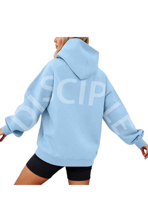 Women's Oversized Pullover Hooded Sweatshirt with Back Lettering, Fall Winter Casual Wear Hoodie with Front Pockets Light Blue
