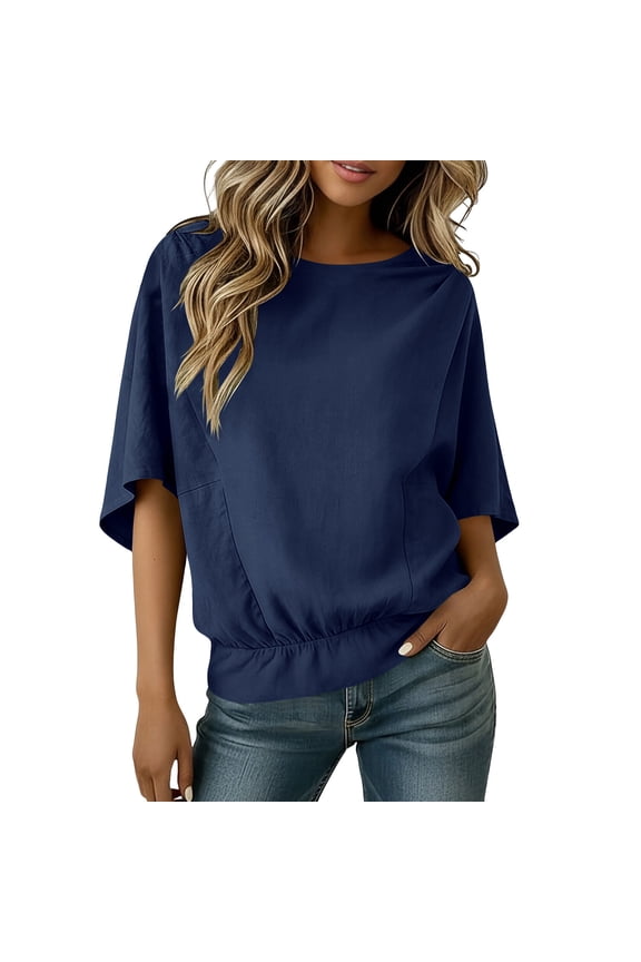 Women's Oversized T Shirt Cotton Linen Cape 3/4 Sleeve Tops Dressy Casual Relaxed Fit Batwing Blouse